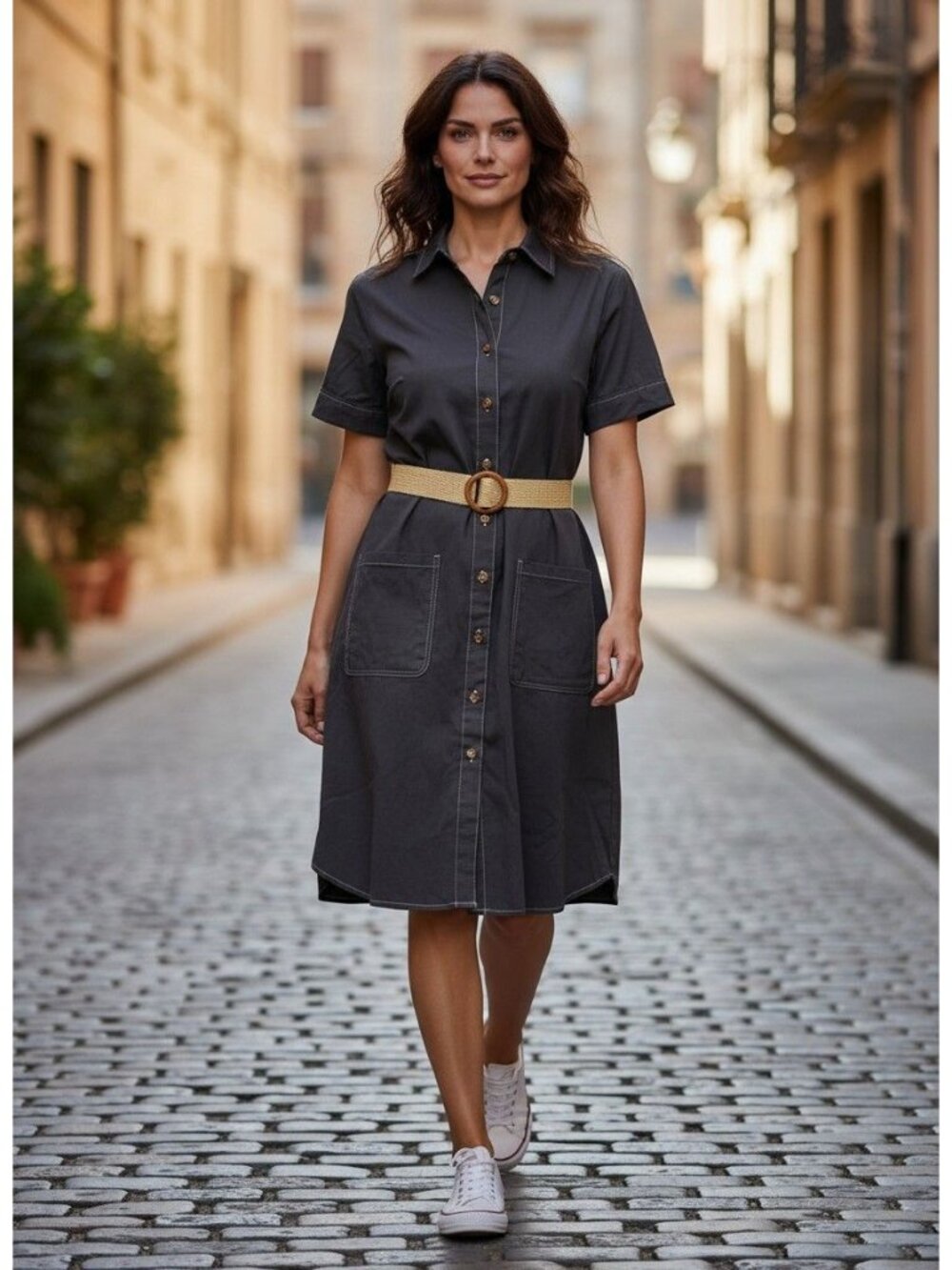 New Glory Black Shirt Dress Belt Short Sleeves Button Front Cotton Fabric S - Picture 1 of 8